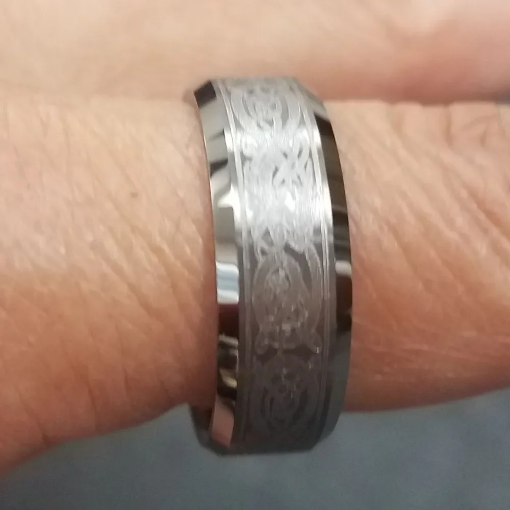8mm Flat Celtic Dragon men's Tungsten Band Ring